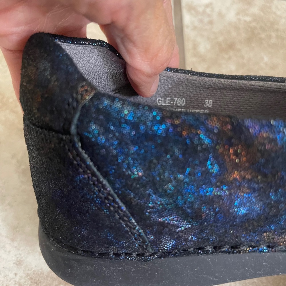 Alegria Black Iridescent Galaxy Leather Slip On Loafers Womens 38 US 8-8.5 euc - Picture 7 of 9